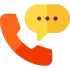 Orange phone handset with yellow chat bubble and three dots, suggesting a call or messaging icon