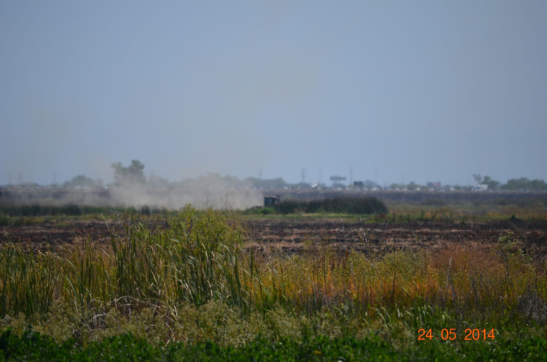 Wide rural field with dry grass, a dusty haze in the distance, and a pale blue sky at sunset.