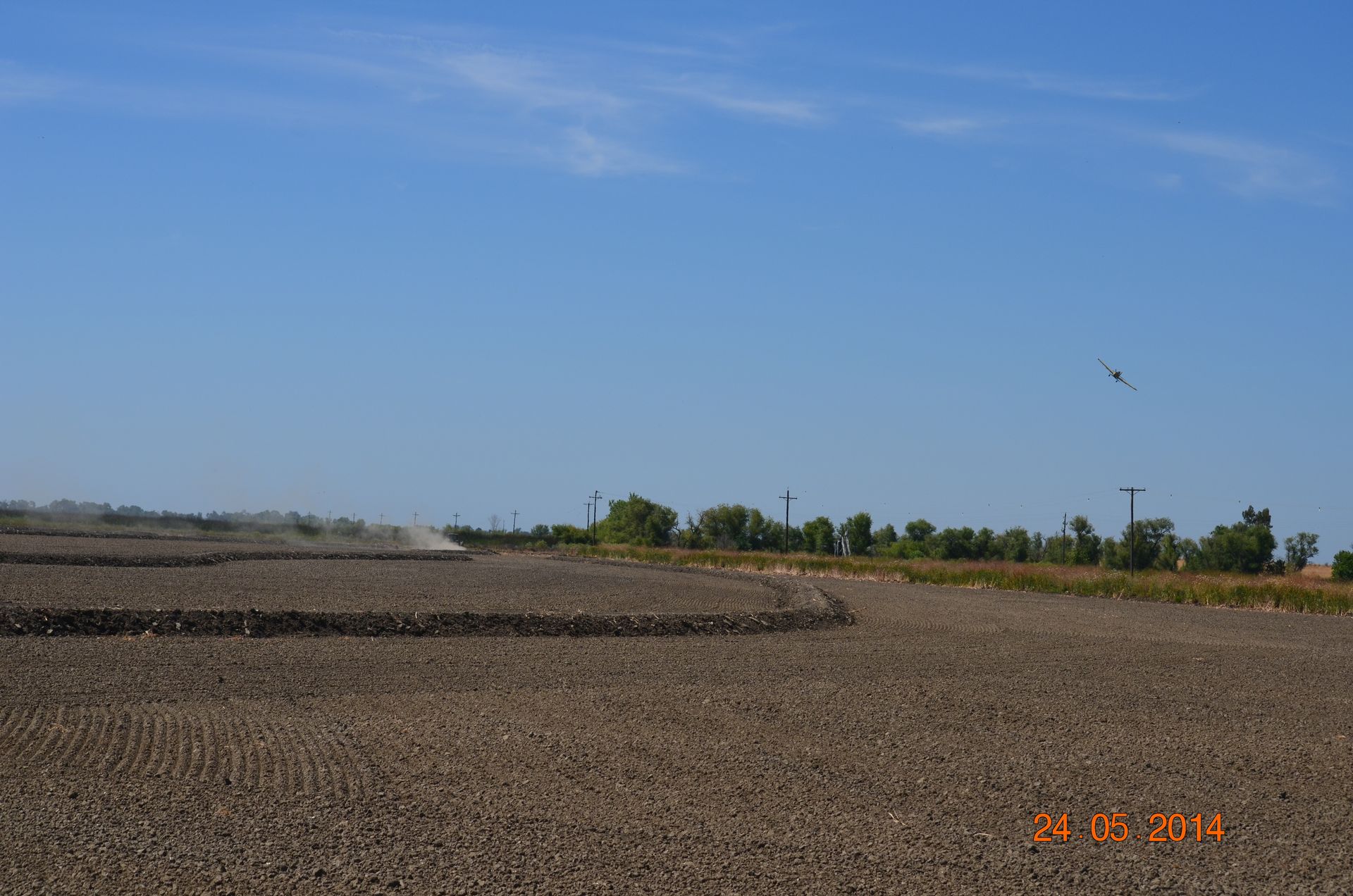 Open gravel field under a clear blue sky, with a small bird flying on the right.