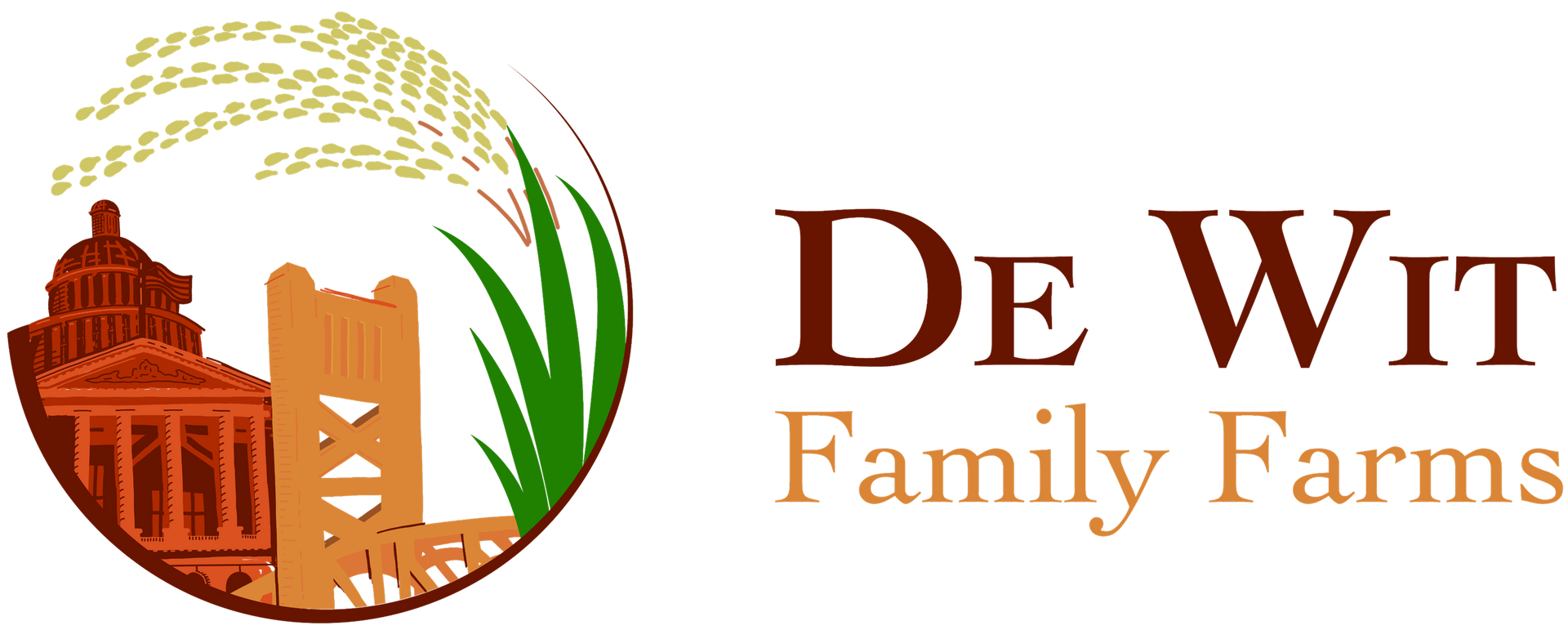 De Wit Family Farms logo with stylized orange farm buildings, green crop blades, and brown text on white background