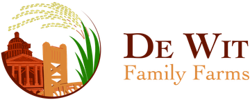 De Wit Family Farms logo with stylized orange farm buildings, green crop blades, and brown text on white background