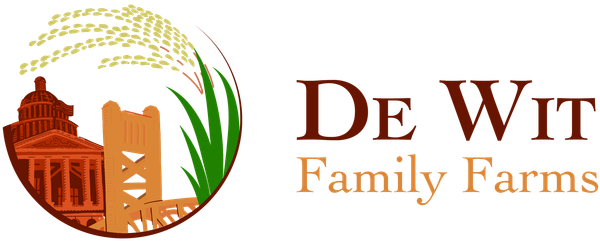 De Wit Family Farms logo with stylized orange farm buildings, green crop blades, and brown text on white background