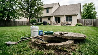 Backyard excavation with open septic tank, tools, and supplies in front of a house