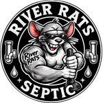 River Rats Septic logo with a grinning rat plumber holding a pipe wrench and drain pipes.