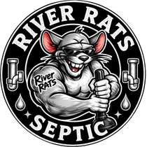 River Rats Septic logo with a grinning rat plumber holding a pipe wrench and drain pipes.