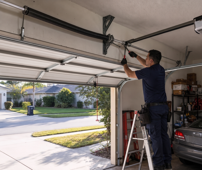 Man repairing a garage door opener on a ladder inside an open garage.