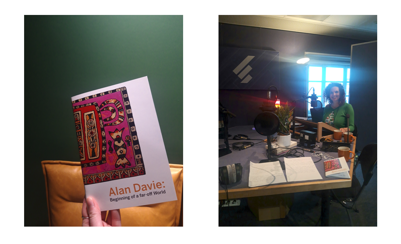 Reading the Alan Davie catalogue in the BBC green room and the studio just before we went live Left image shows hand holding 'Alan Davie' book in front of green wall. Right image shows a white woman sitting at a radio desk at BBS Radio Scotland office