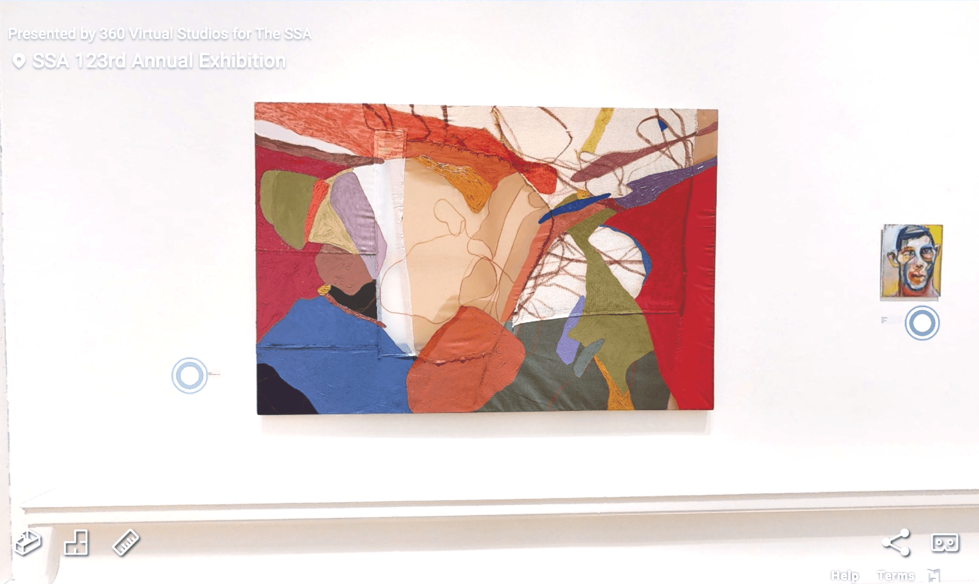 Large colourful abstract painting on white gallery wall
