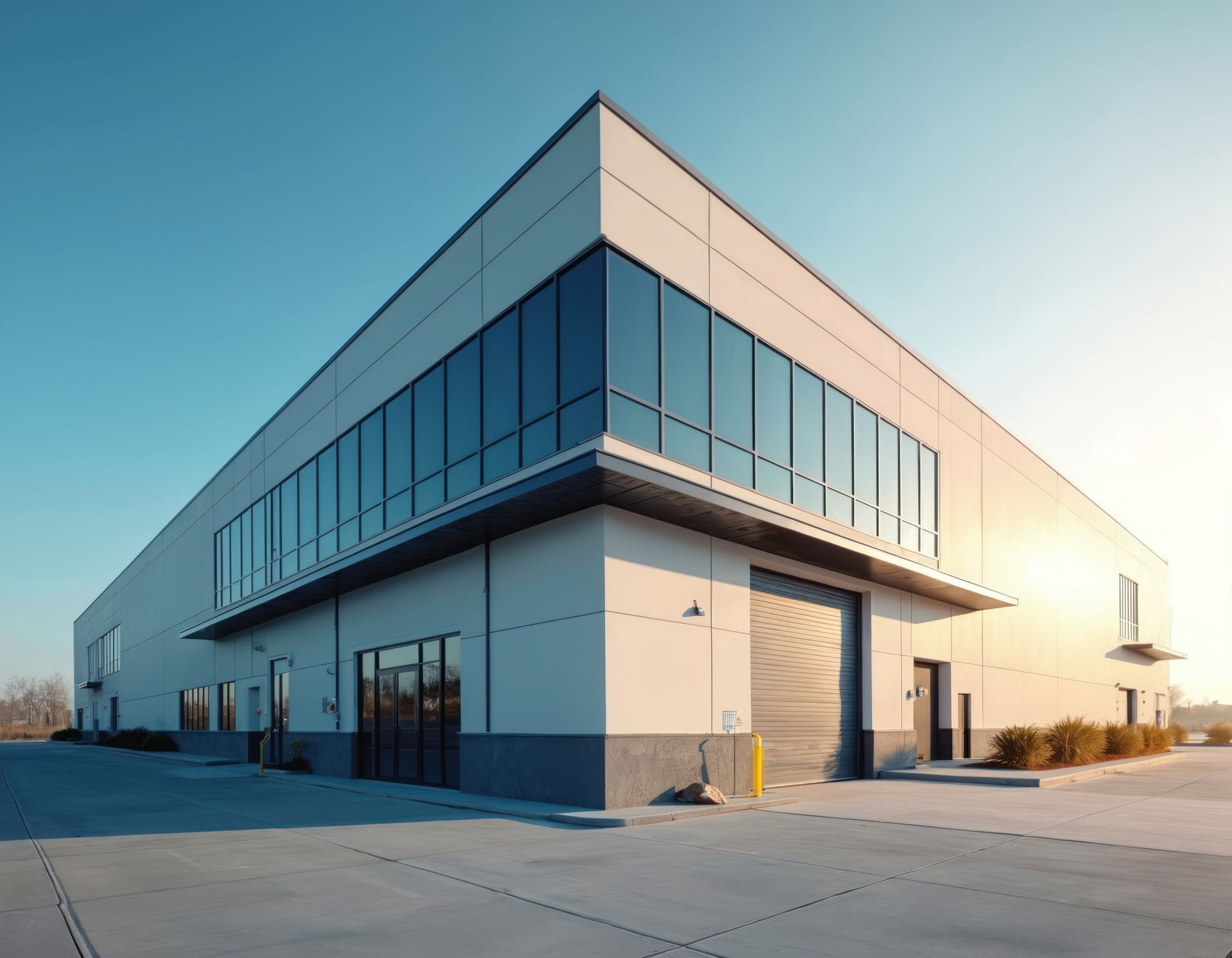 Modern industrial building with glass windows, gray facade, and a loading door against a clear blue sky.