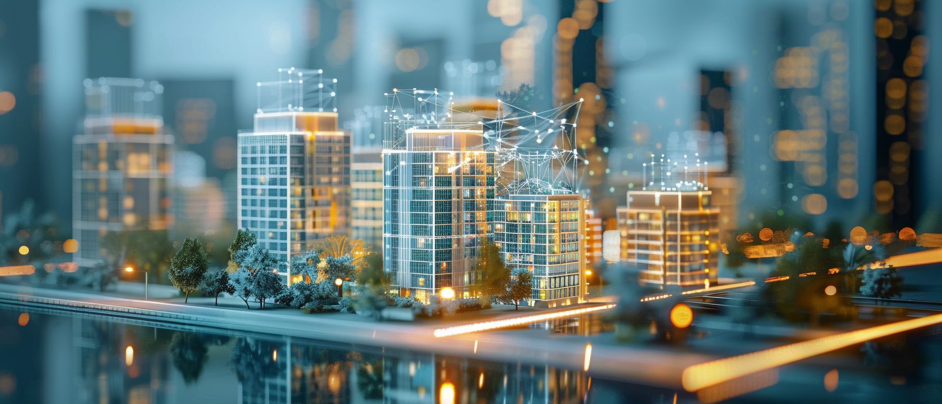 Miniature city with illuminated skyscrapers, connected by glowing lines, reflecting in water.