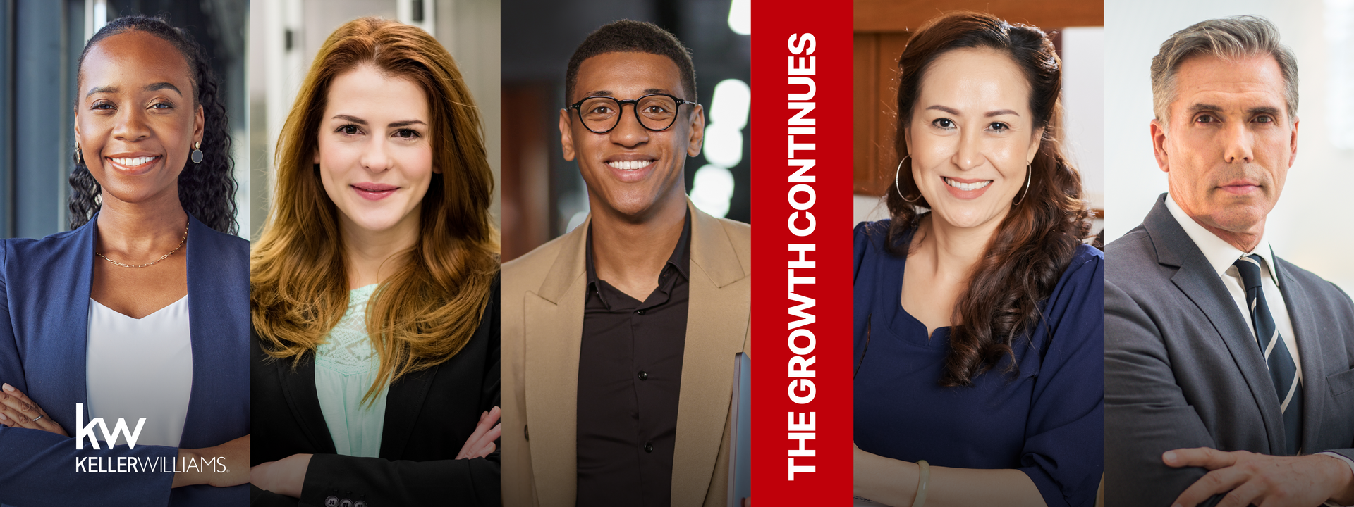 Five professionals smiling. A red strip with white text