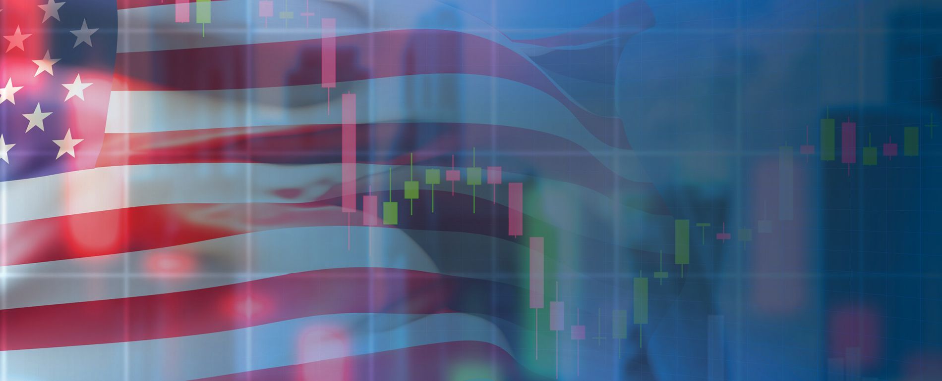 American flag overlaid with a stock market graph, hinting at economic trends.