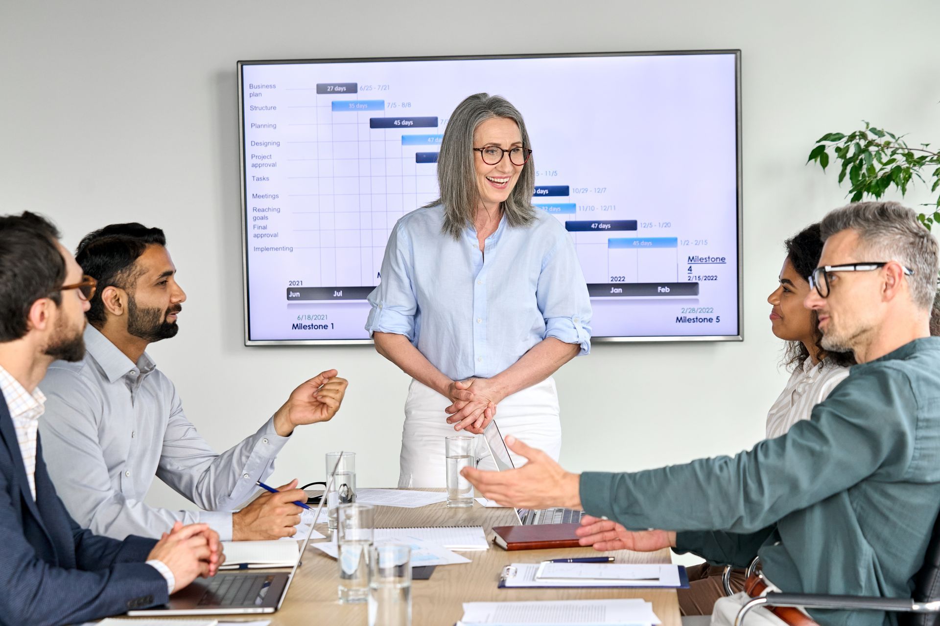 Businesswoman leading a meeting, gesturing in front of a project timeline displayed on a screen.