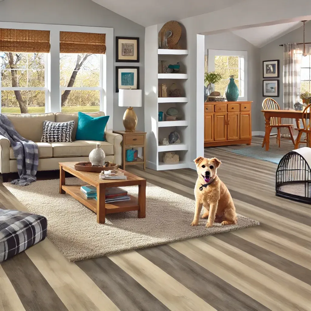 Cozy living room in a Winter Park, FL home with pet-friendly flooring options from Core Flooring Center, featuring waterproof laminate, vinyl planks, and engineered wood, with a friendly dog resting on the floor.