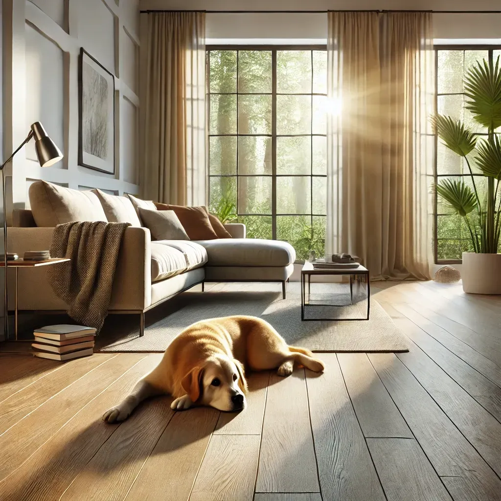 Pet-friendly luxury vinyl plank flooring in a Winter Park, FL living room with a dog resting on the