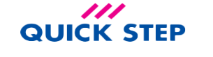 A blue and pink quick step logo on a white background