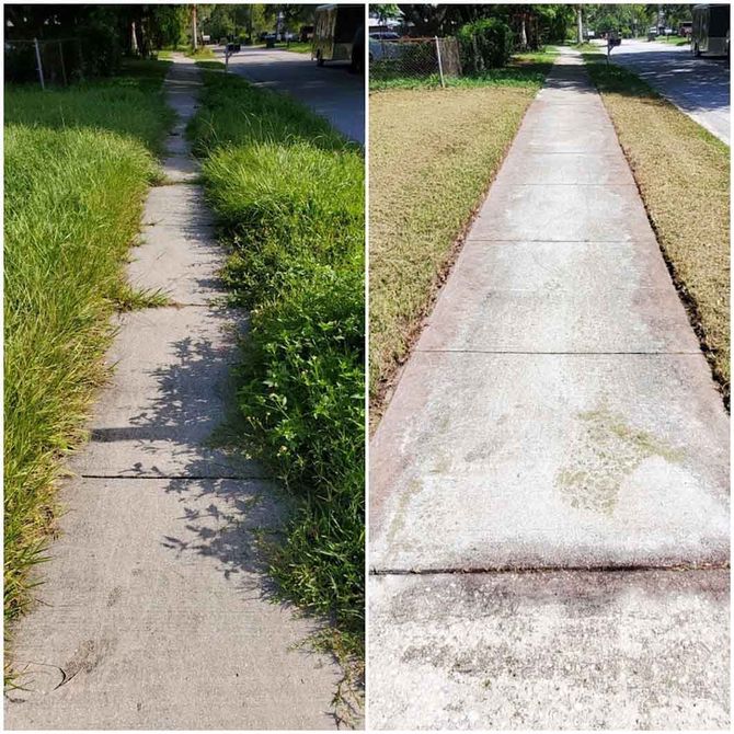 A before and after picture of a sidewalk with grass on it.