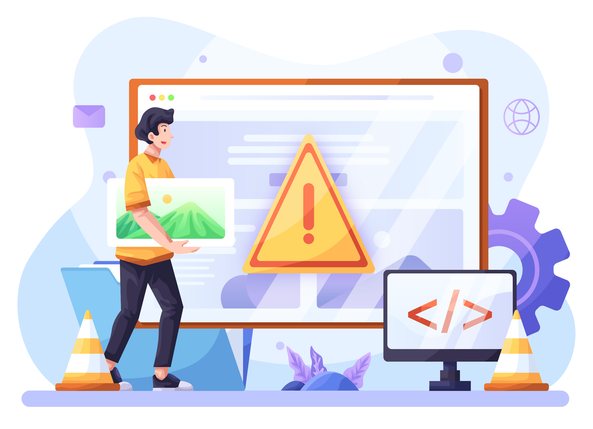Man holding a landscape photo in front of a website with a warning sign. A computer and gears are in the background.