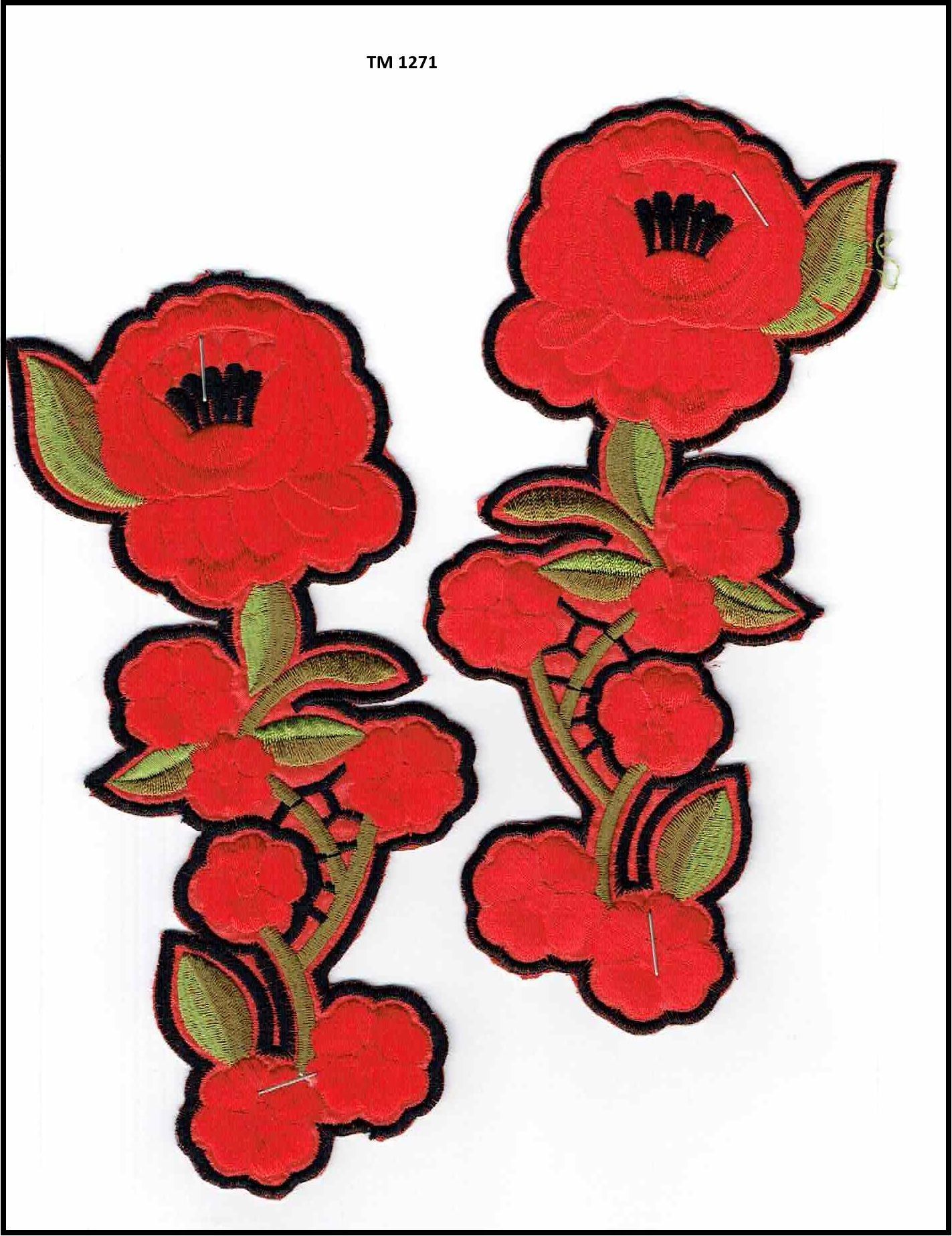A pair of red flowers with green leaves on a white background