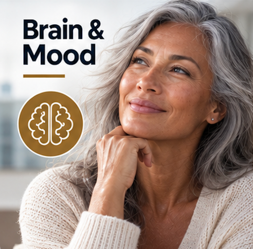 Brain & Mood graphic with smiling woman and brain icon on a beige background