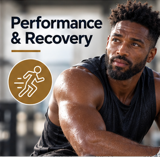 Athlete resting in gym with “Performance & Recovery” text and running icon