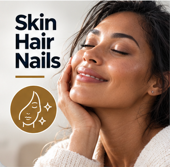Woman smiling with hand on cheek beside “Skin Hair Nails” text and a skincare icon