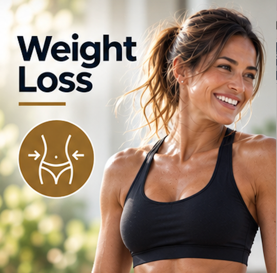 Smiling woman in a black sports bra beside “Weight Loss” text and waist icon