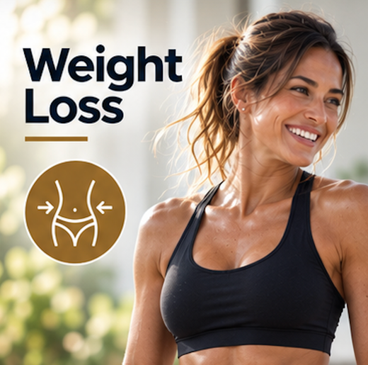 Smiling woman in a black sports bra beside “Weight Loss” text and waist icon