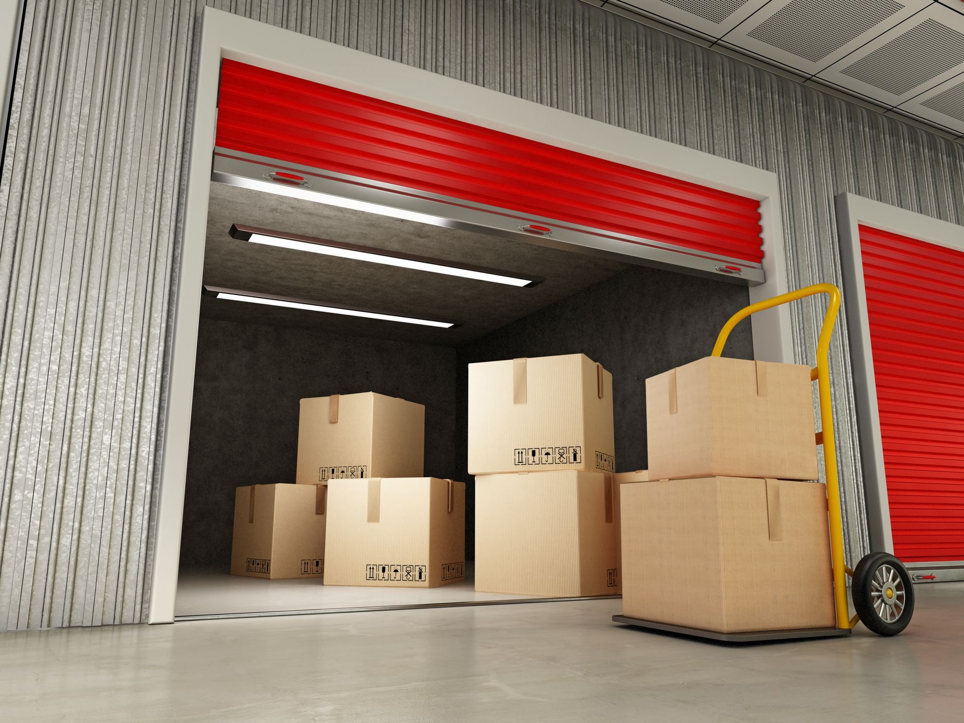 Stack of cardboard boxes inside self-storage unit.