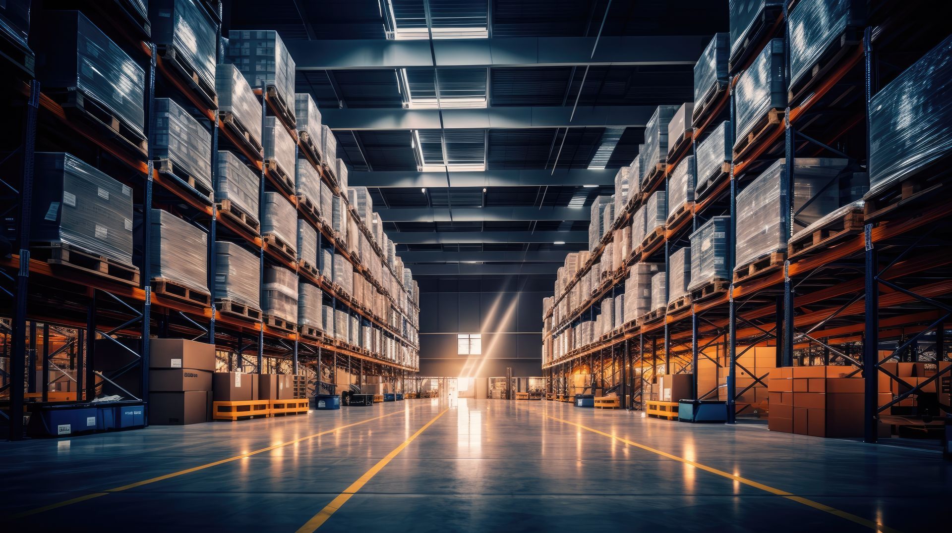 A large warehouse with numerous items. Rows of shelves with boxes. Logistics. A large warehouse with numerous items. Rows of shelves with boxes. Logistics.