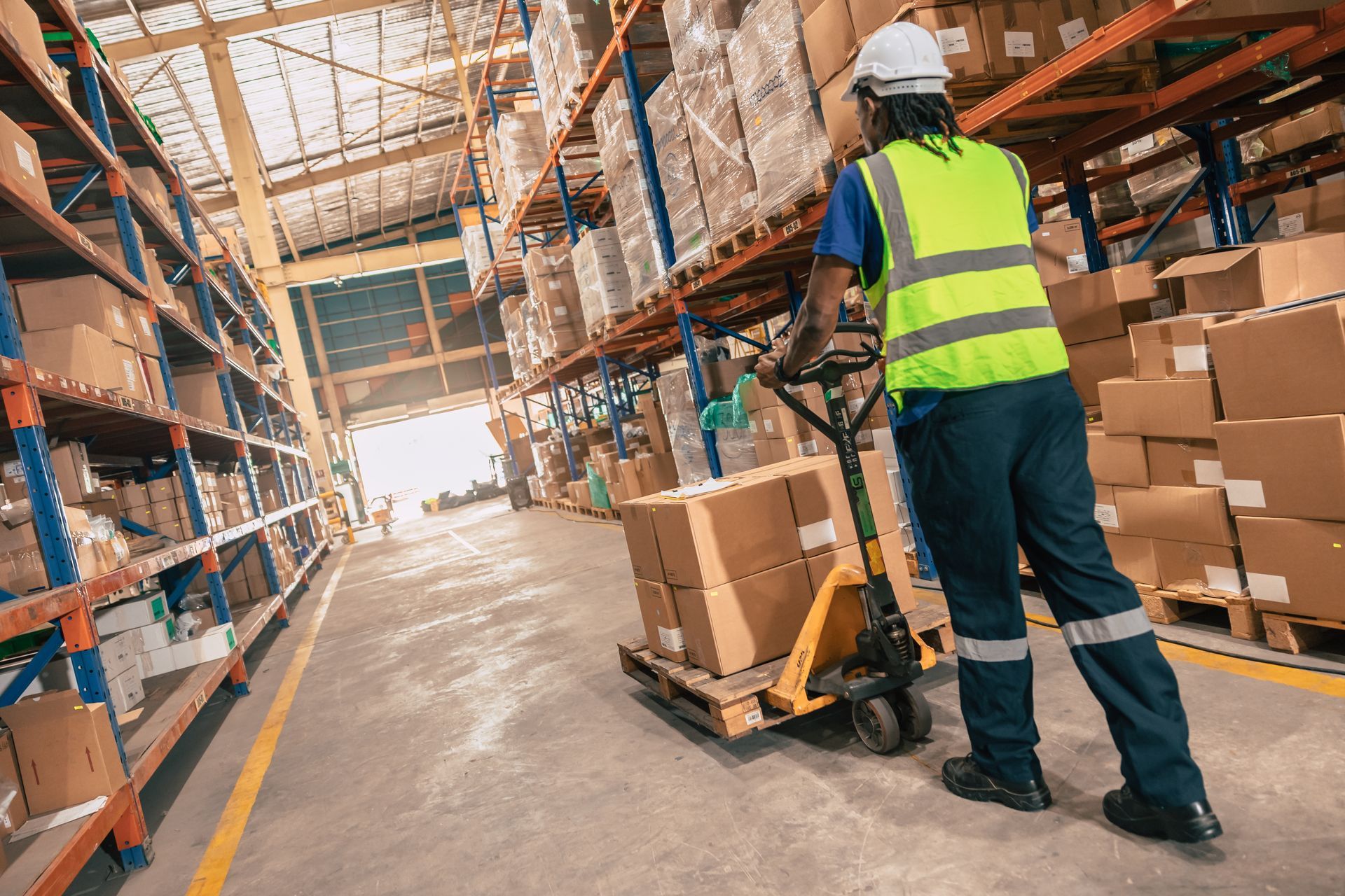 Warehouse staff worker moving boxes with a crate in a shelf-storage working area.