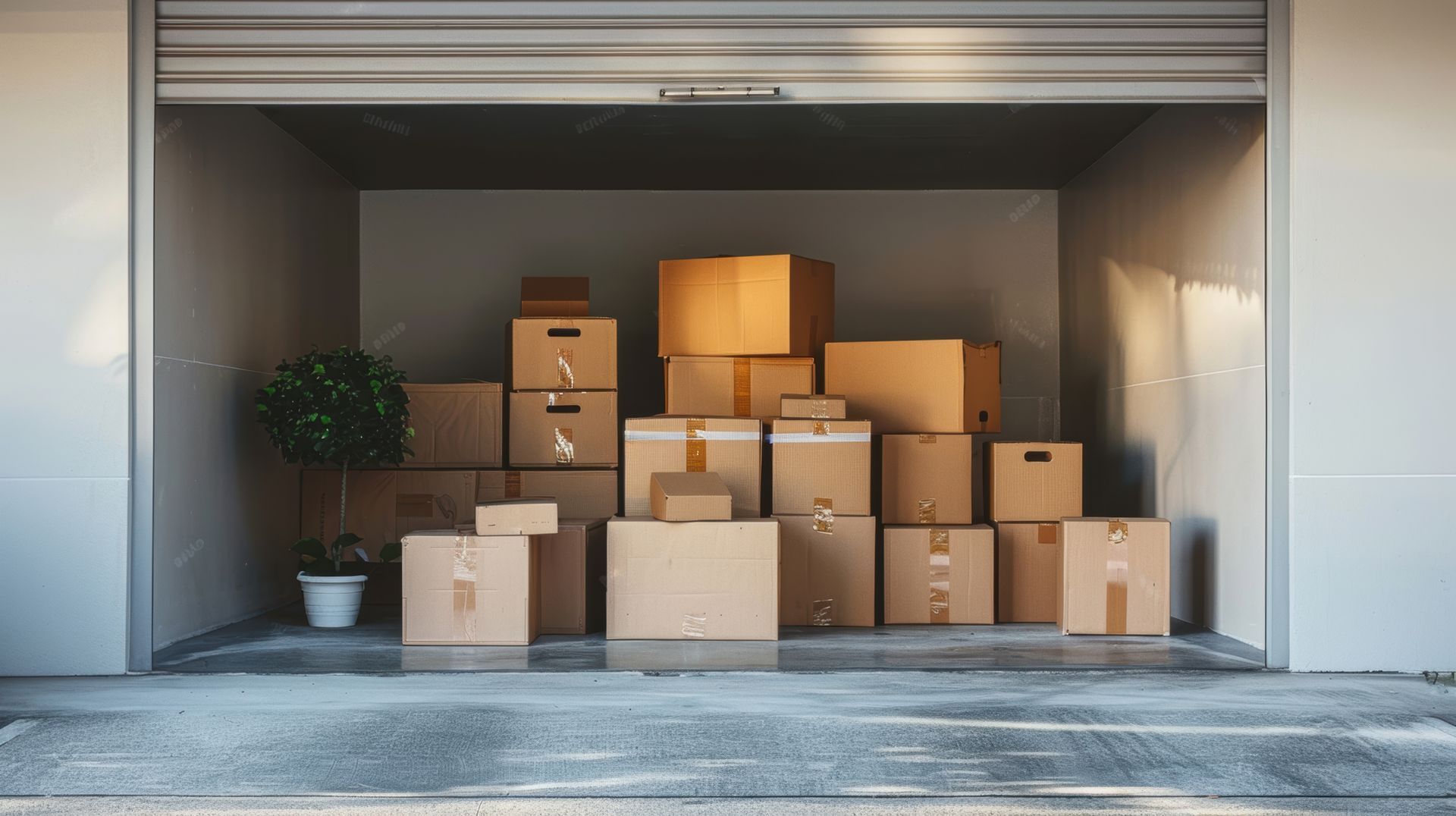 Cardboard boxes stored inside an organized warehouse space for moving and storage. Cardboard boxes stored inside an organized warehouse space for moving and storage.