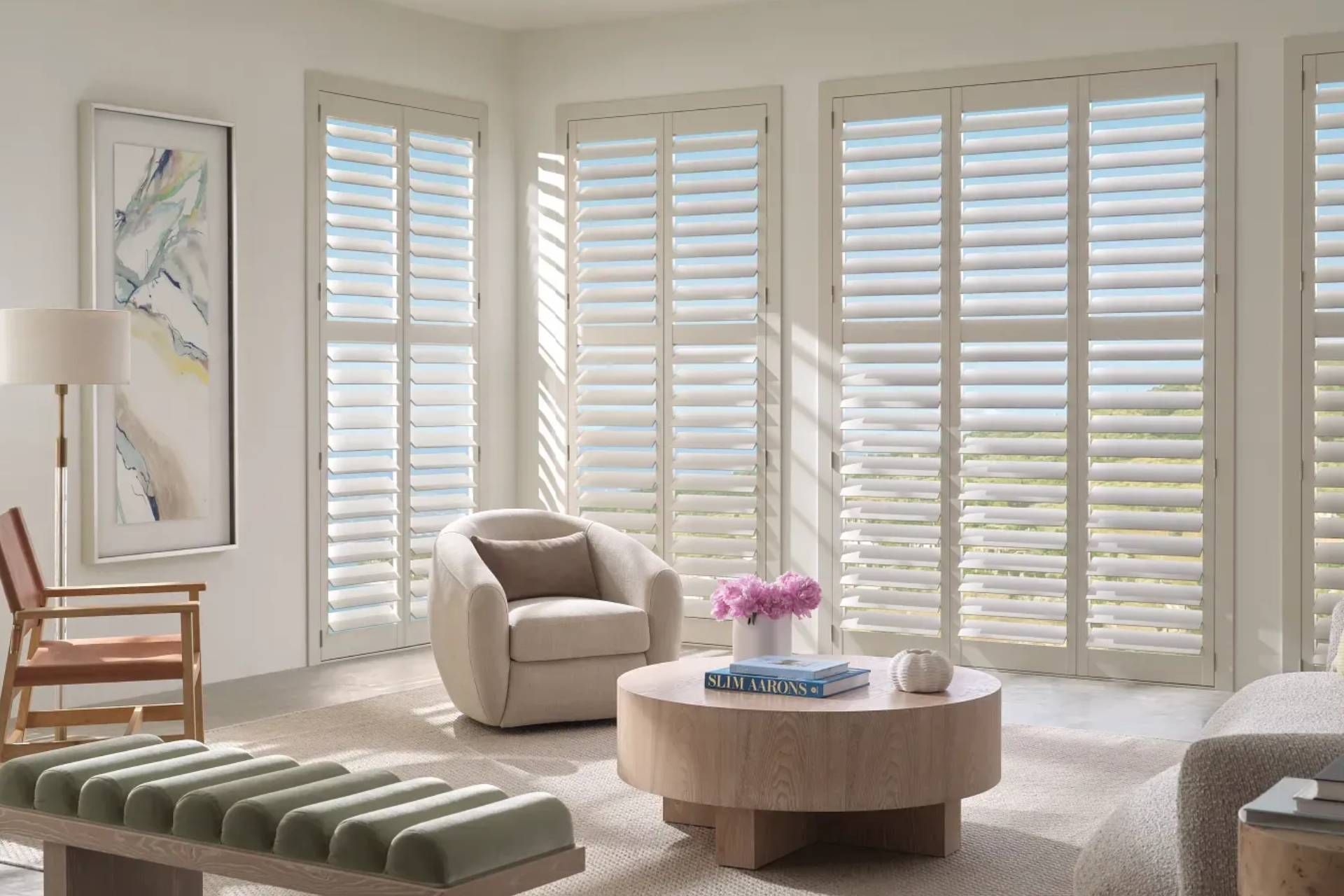 Custom Hunter Douglas Heritance® Wood Shutters in a Wichita living room