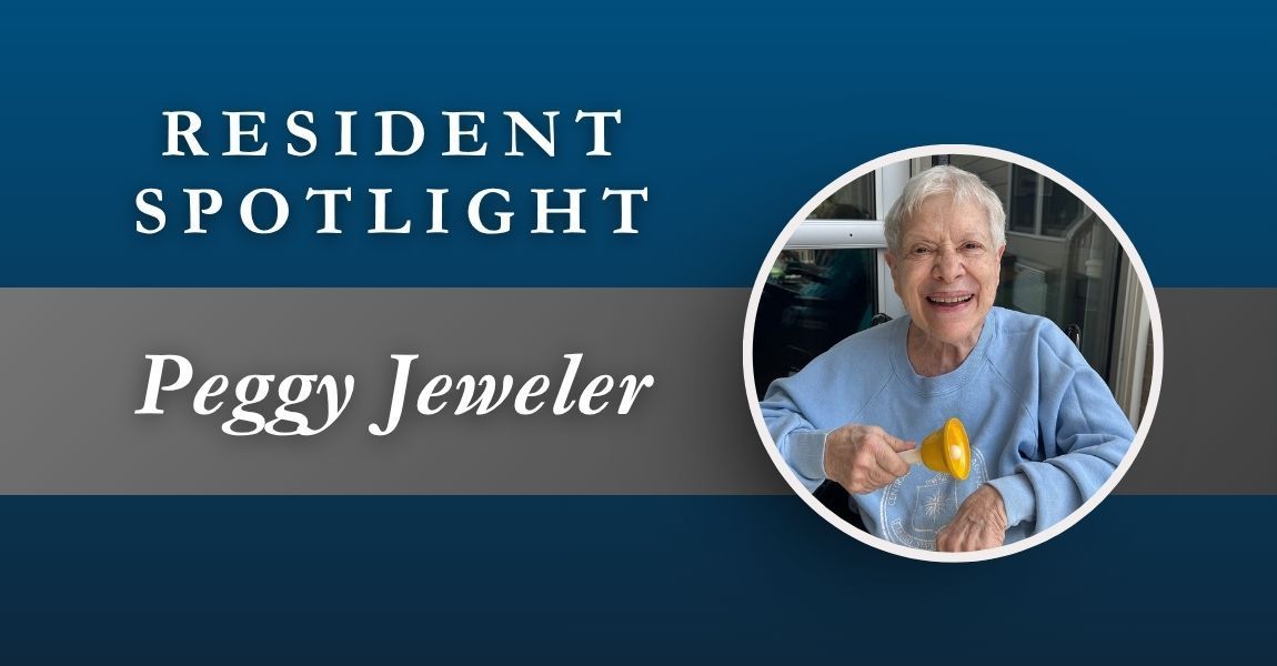 Resident spotlight banner with Peggy Jeweler and her portrait in a circular frame on a blue background