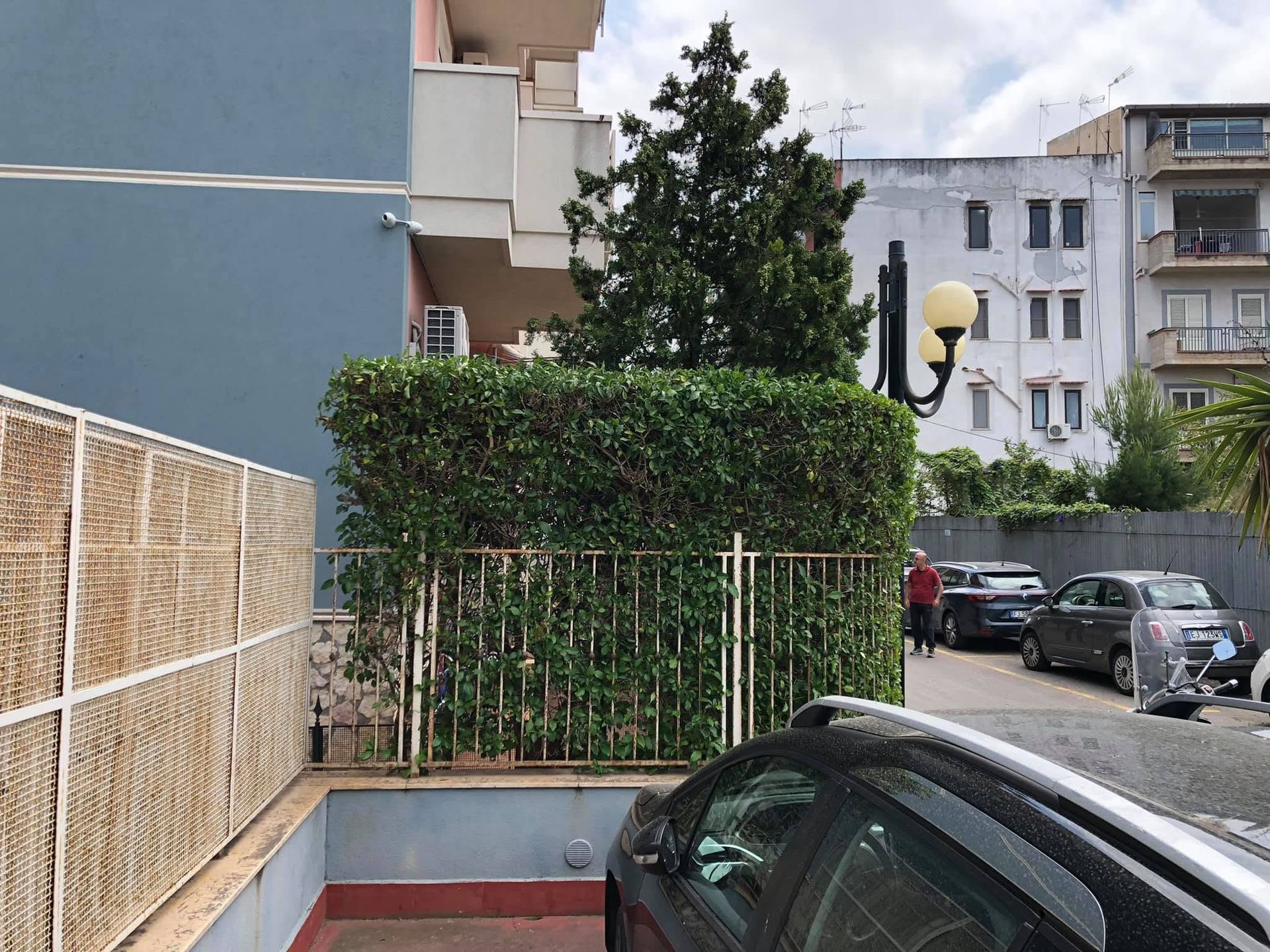 Parcheggio in strada accanto a una siepe e a dei palazzi, con un'auto scura in primo piano.