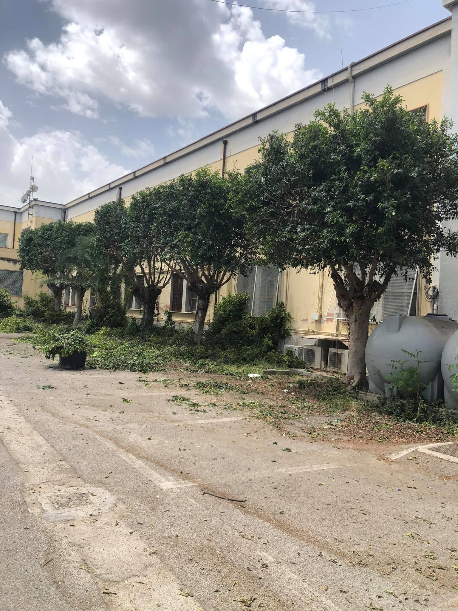 Una strada sterrata accanto a un edificio color crema con alberi ben curati sotto un cielo nuvoloso.
