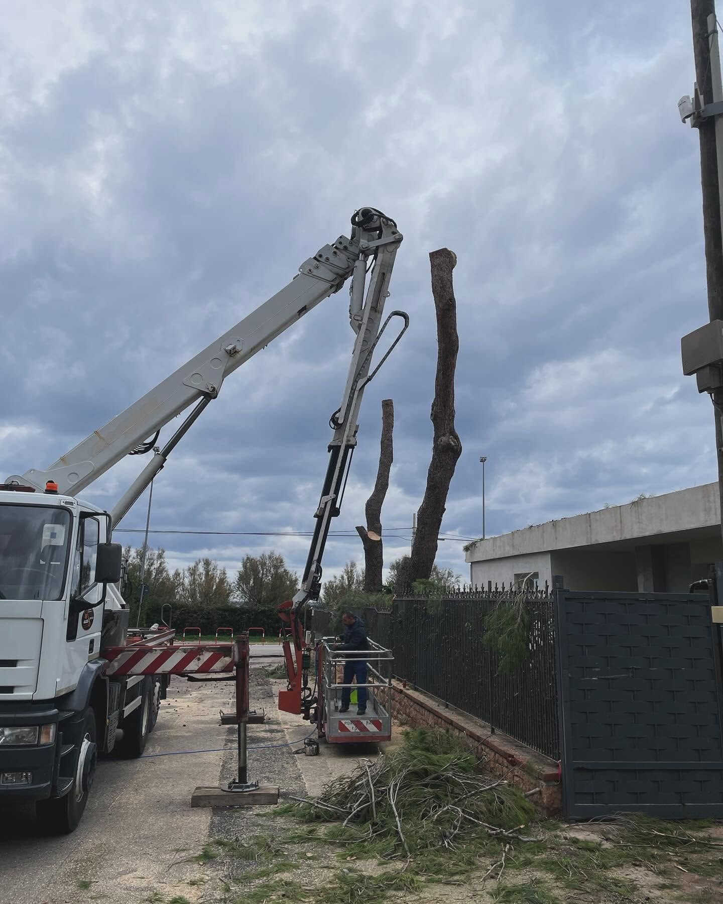Autogru che sollevano alti pali di cemento in un cantiere stradale sotto un cielo nuvoloso.