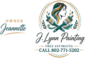 J. Lynn Painting logo with teal and gold crossed paintbrushes, &ldquo;Free Estimate&rdquo; and phone number 802-771-5202