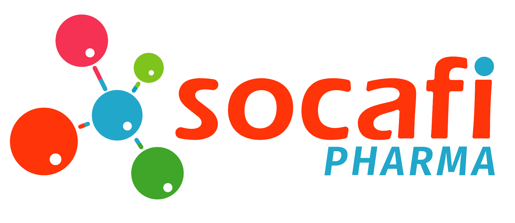 Logo de Socafi Pharma ; texte orange avec une illustration de molécule et texte bleu « Pharma ».