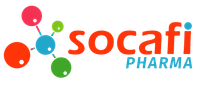 Logo de Socafi Pharma ; texte orange avec une illustration de molécule et texte bleu « Pharma ».