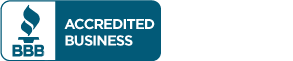 BBB Accredited Business logo with teal badge and white text, featuring the Better Business Bureau flame icon.