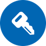 White key icon on a blue circular background