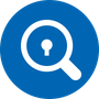 Blue circle icon with a white magnifying glass and keyhole symbol inside