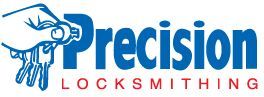 Precision Locksmithing logo with blue lock and keys, blue text, and red “LOCKSMITHING” subtitle
