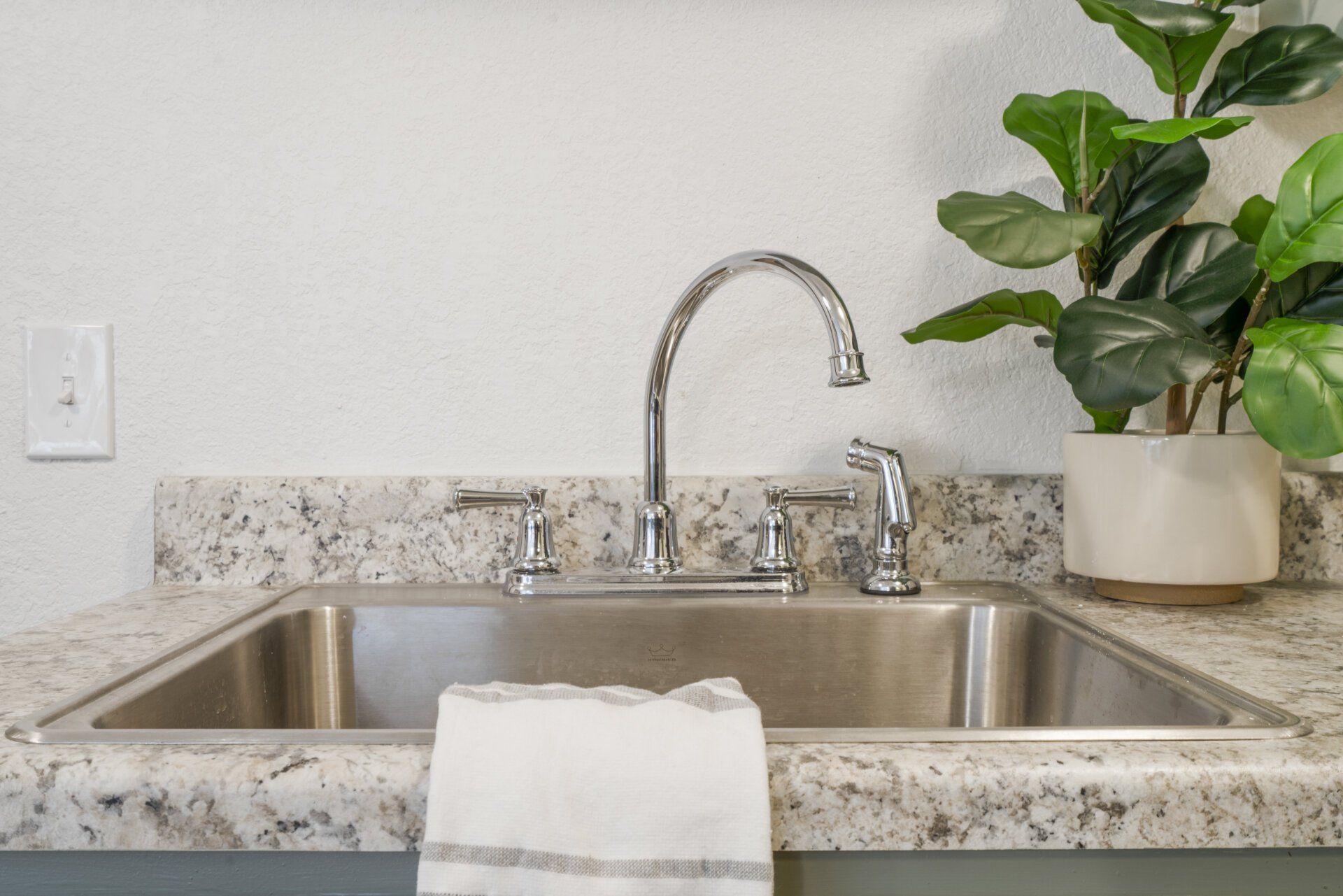 A kitchen sink with a faucet and a plant on the counter.
