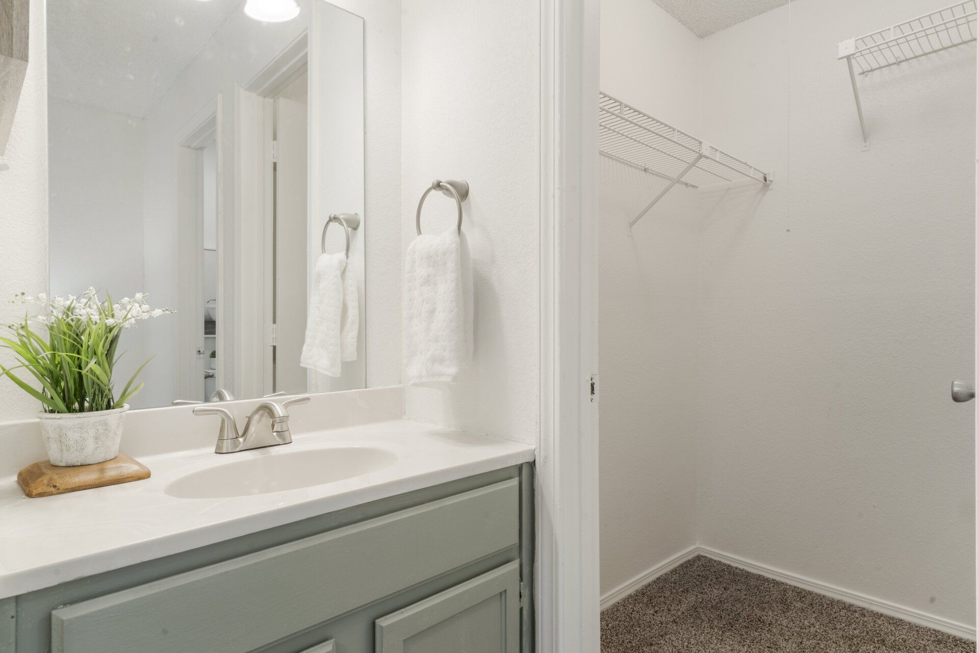 A bathroom with a sink , mirror and shower.