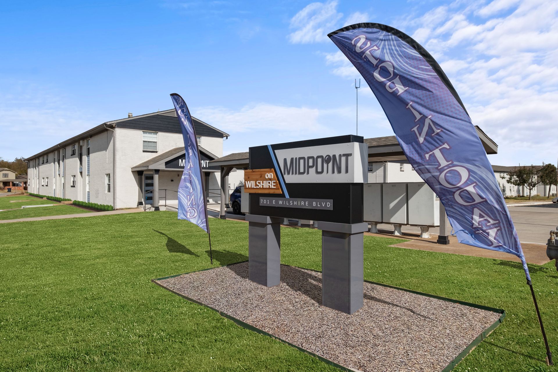 A sign that says landpoint is in front of a building.