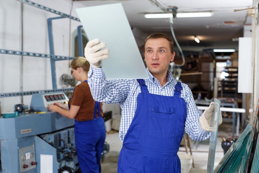 A Man Is Holding A Piece Of Glass In A Factory — New England Glass & Aluminium In Narrabri, NSW