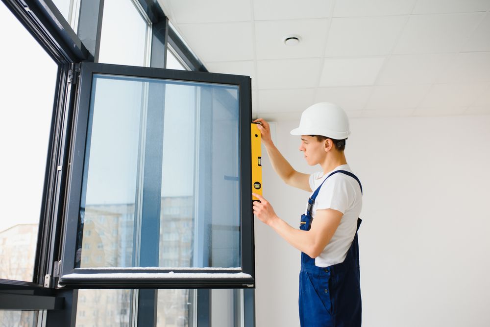 A Man Is Measuring A Window With A Yellow Level — New England Glass & Aluminium In Armidale, NSW