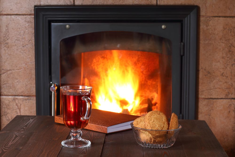 A Glass Of Wine, A Bowl Of Cookies And A Book Are On A Table In Front Of A Fireplace — New England Glass & Aluminium In Armidale, NSW